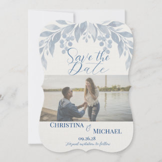 Blue Watercolor Floral Photo Save The Date Card