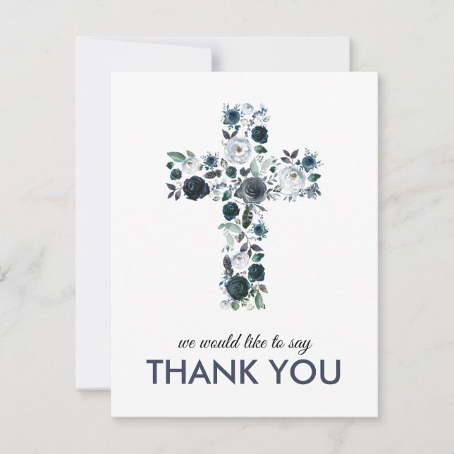 Blue Watercolor Floral Religious Cross Thank You Card (Front)