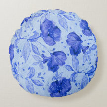 Blue Watercolor Floral Round Pillow