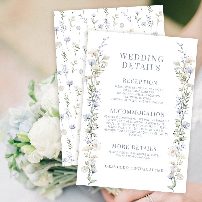 Blue watercolor floral rustic wedding details card (Creator Uploaded)
