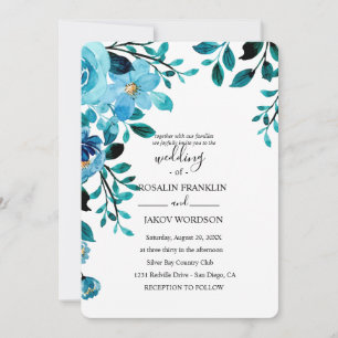 blue watercolor floral rustic wedding invitation