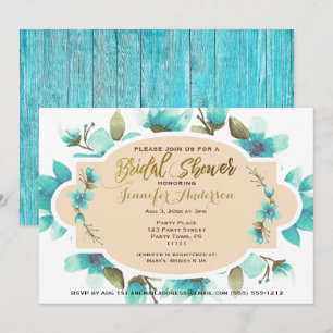 Blue Watercolor Floral Rustic Wood Bridal Shower Invitation