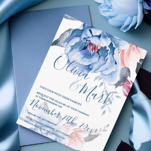 Blue Watercolor Floral Script Wedding Postcard