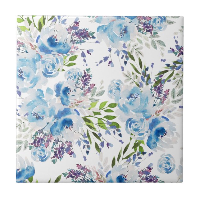 Blue Watercolor Floral Seamless Pattern Ceramic Tile (Front)