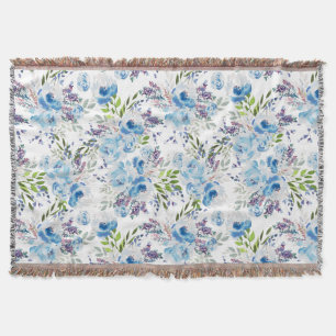 Blue Watercolor Floral Seamless Pattern Throw Blanket