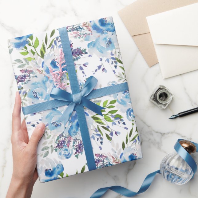 Blue Watercolor Floral Seamless Pattern Wrapping Paper (Gifting)