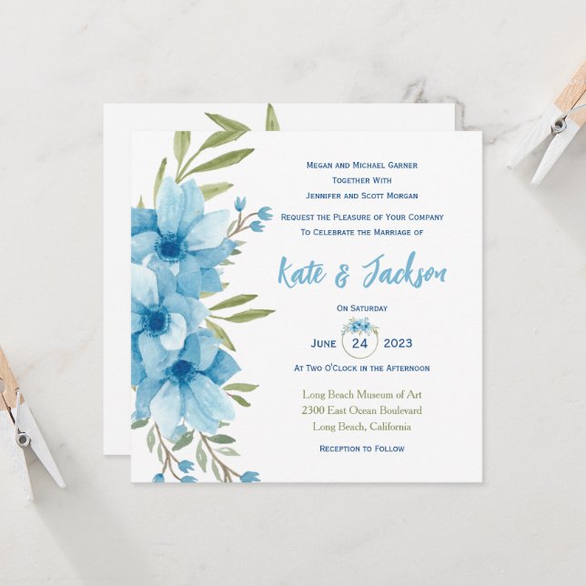 Blue Watercolor Floral Square Invitation (Front/Back In Situ)