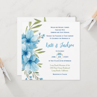 Blue Watercolor Floral Square Invitation