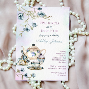 Blue watercolor floral tea party bridal shower invitation