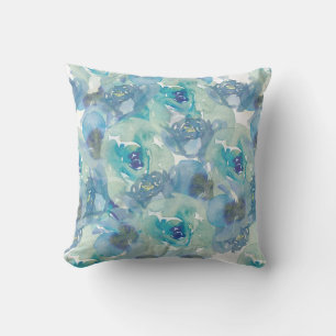 Blue Watercolor Floral Throw Pillow