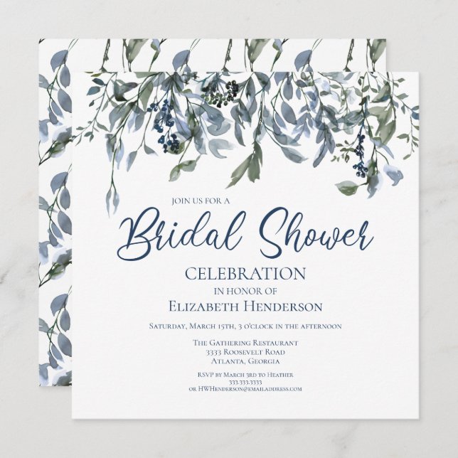 Blue Watercolor Floral Vines Bridal Shower Invitation (Front/Back)