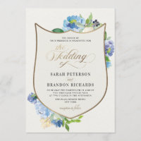 Blue Watercolor Floral Vintage Gold Crest Wedding