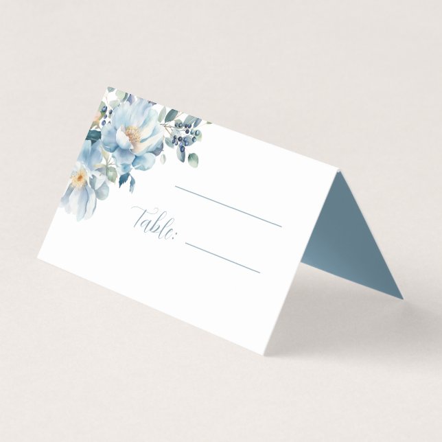 Blue Watercolor Floral Wedding Folded Place Card (Front)