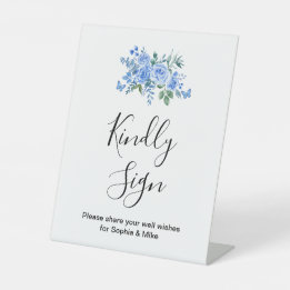 Blue Watercolor Floral Wedding Guest Book Pedestal Sign