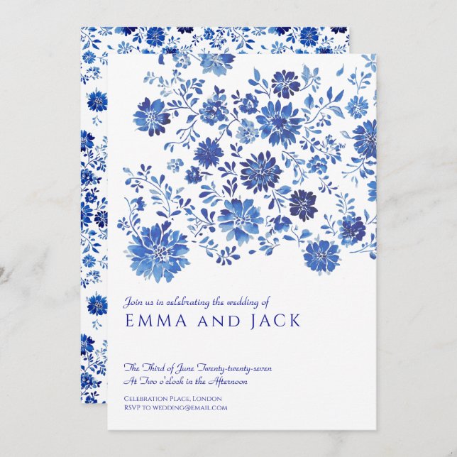 Blue Watercolor Floral Wedding Invitation (Front/Back)