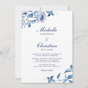 Blue Watercolor Floral Wedding Invitation