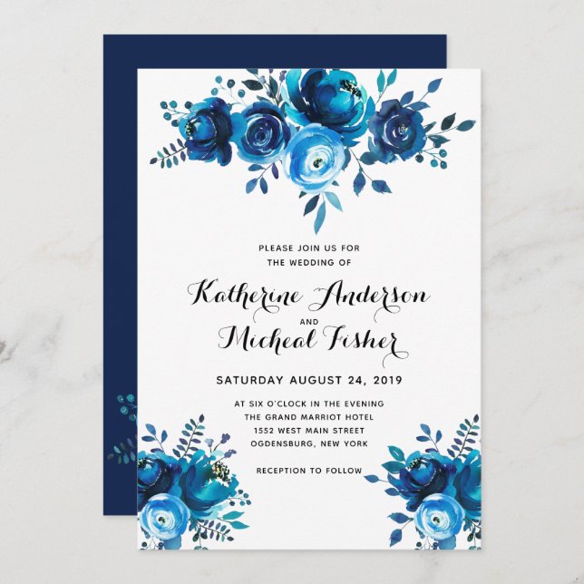 Blue Watercolor Floral Wedding Invitation (Front/Back)