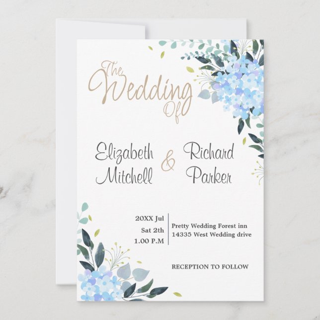 Blue watercolor floral Wedding Invitation (Front)