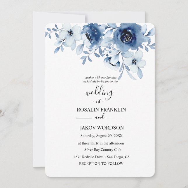 blue watercolor floral wedding Invitation (Front)