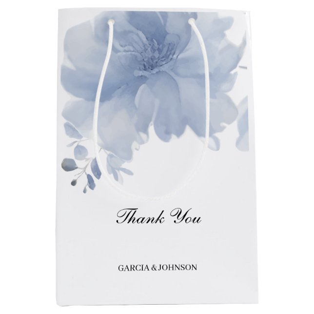 Blue Watercolor Floral Wedding Medium Gift Bag (Front)