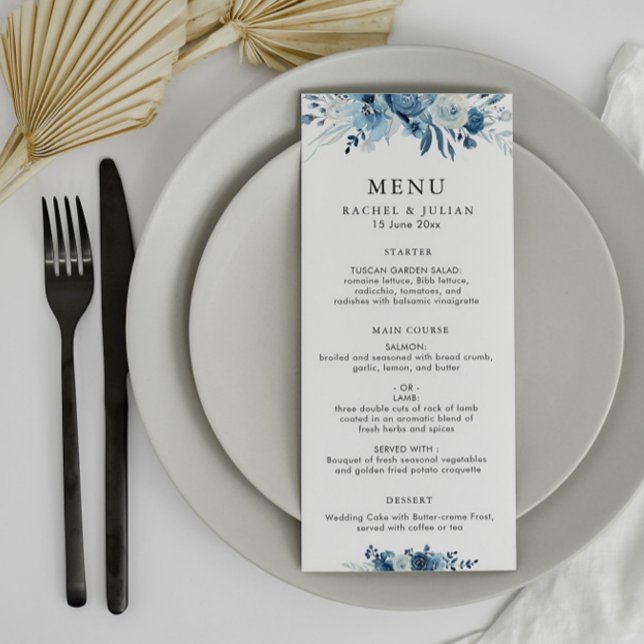 Blue watercolor floral wedding menu (Creator Uploaded)
