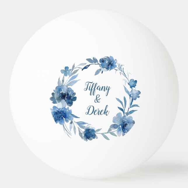 Blue Watercolor Floral Wedding Ping Pong Ball (Front)