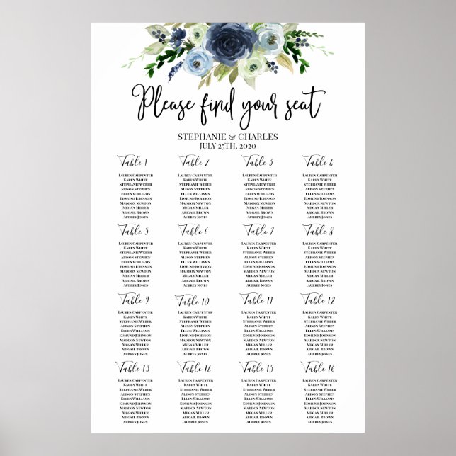 Blue watercolor floral Wedding Seating Chart (Front)