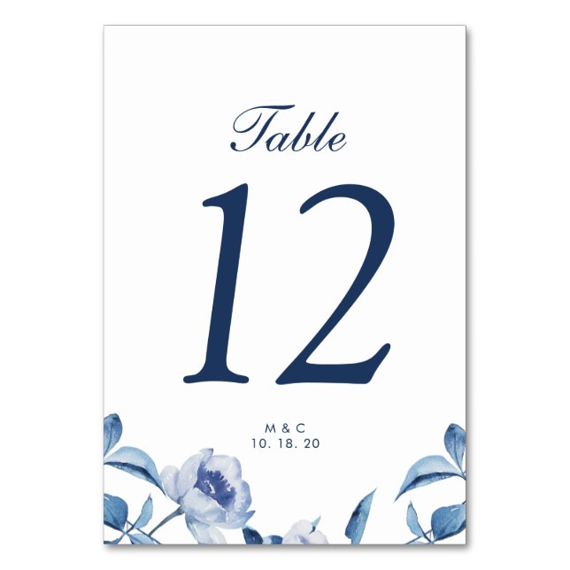 Blue Watercolor Floral Wedding Table Numbers Card (Front)