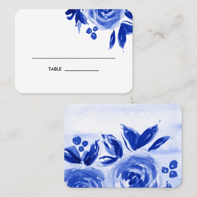 Blue Watercolor Floral Wedding Table Place Cards (Front/Back)