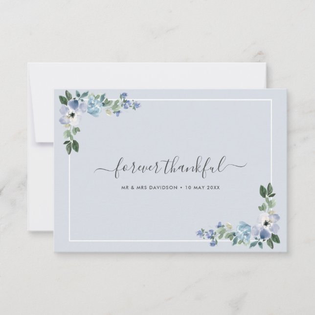 blue watercolor floral wedding thank you card (Front)