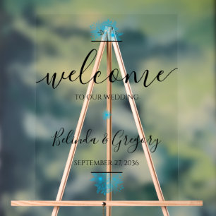 Blue Watercolor Floral Wedding Welcome Sign