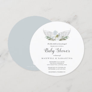 Blue Watercolor Florals Angel Wings Baby Shower Invitation