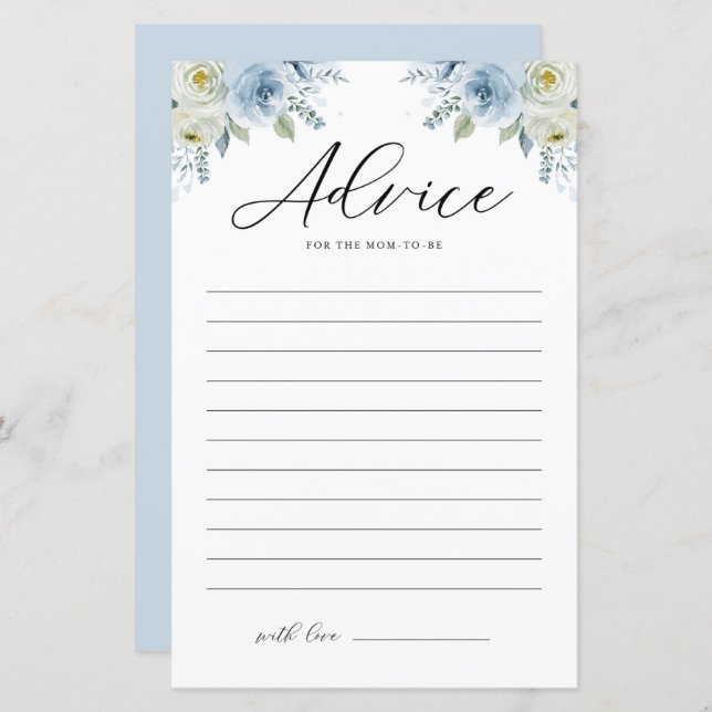 Blue Watercolor Florals Baby Shower Advice Card (Front/Back)