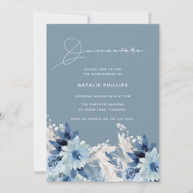 Blue Watercolor Florals Modern Quinceañera Party Invitation (Front)