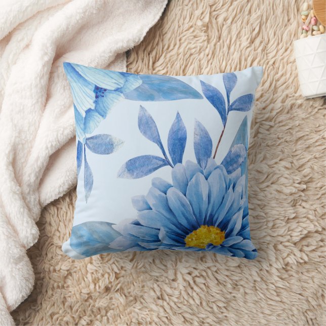 Blue Watercolor Florals Throw Pillow (Blanket)
