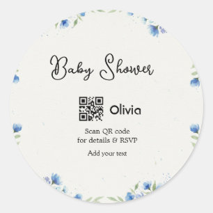 Blue watercolor flower baby shower scan QR RSVP pa Classic Round Sticker