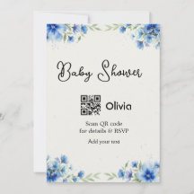 Blue watercolor flower baby shower scan QR RSVP pa