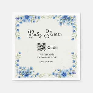 Blue watercolor flower baby shower scan QR RSVP pa Napkin