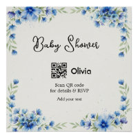 Blue watercolor flower baby shower scan QR RSVP pa