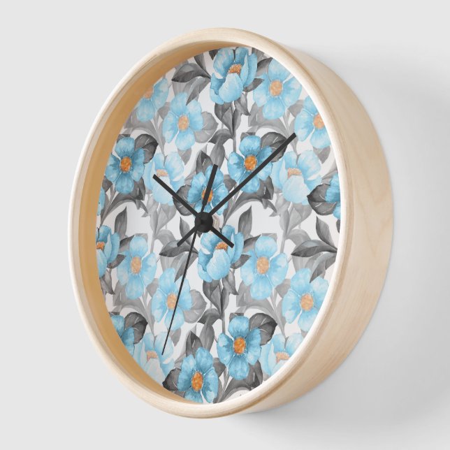 Blue Watercolor Flower - Botanical Floral Clock (Angle)