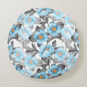 Blue Watercolor Flower - Botanical Floral Round Cushion