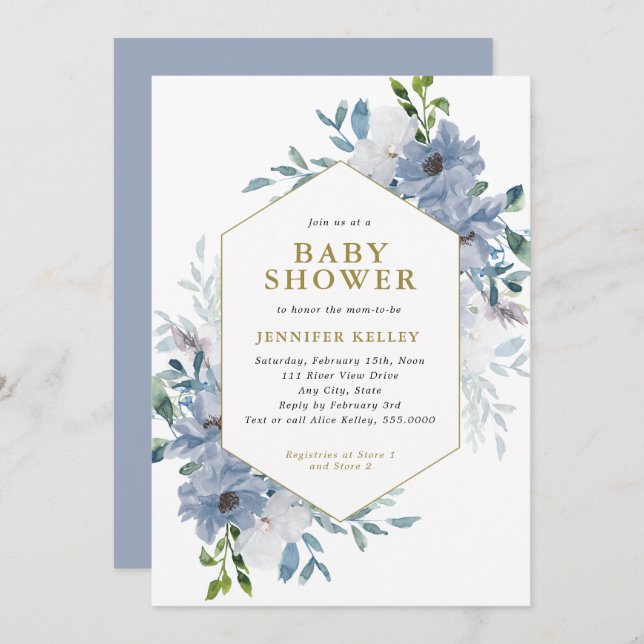 Blue Watercolor Flower Bouquet Baby Shower Invitation (Front/Back)