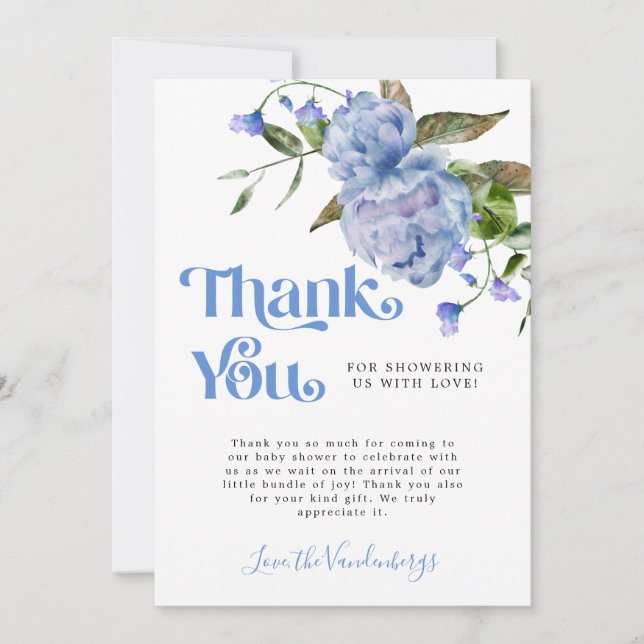 Blue Watercolor Flower Boy Baby Shower Thank You Card (Front)