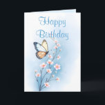 Blue Watercolor Flower Butterfly Happy Birthday Card<br><div class="desc">Elegant and serene, this beautifully designed birthday card features delicate white flowers and a graceful butterfly on a soft blue watercolor wash background. The inside continues the tranquil theme, with a matching blue wash and subtle butterfly details in the corners. With "Happy Birthday" scripted on the front and a customisable...</div>