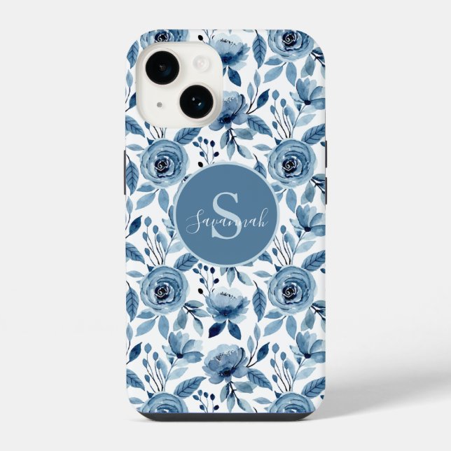 Blue Watercolor Flower Pattern with Monogram iPhone Case (Back)