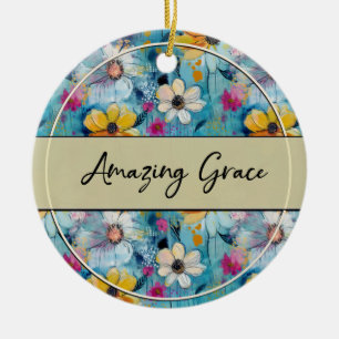 Blue Watercolor Flowers Amazing Grace Ceramic Ornament