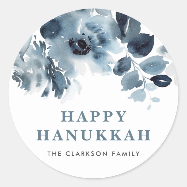 Blue Watercolor Flowers and Foliage Happy Hanukkah Classic Round Sticker (Front)