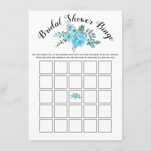 Blue watercolor flowers bridal bingo game card (Front)