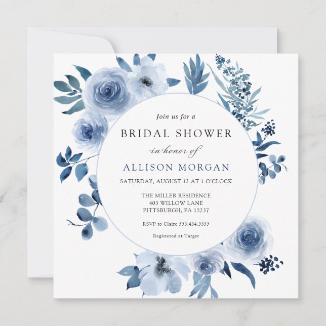 Blue Watercolor Flowers Bridal Shower Invitation (Front)