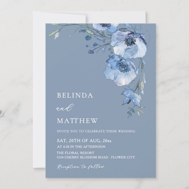 Blue Watercolor Flowers Casual Wedding Invitation (Front)